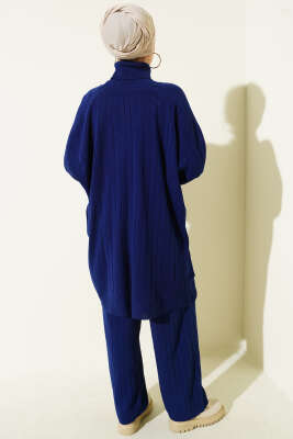 Çizgi Detaylı Boğazlı Oversize Triko İkili Takım Lacivert - İkili Takım