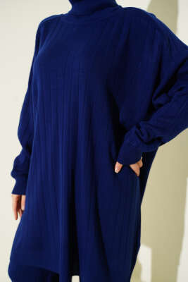 Çizgi Detaylı Boğazlı Oversize Triko İkili Takım Lacivert - İkili Takım