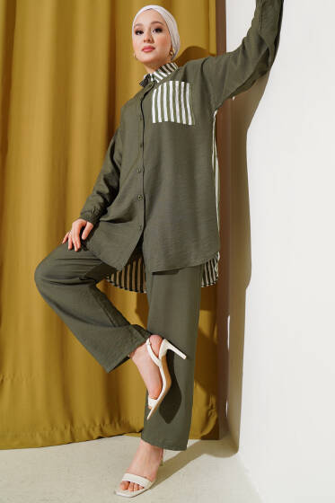 Çizgi Detaylı Cepli Gömlek İkili Takım Haki - İkili Takım
