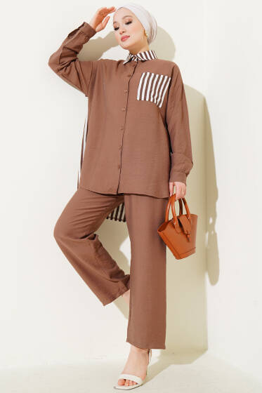 Çizgi Detaylı Cepli Gömlek İkili Takım Kahve - İkili Takım