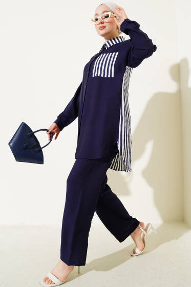 Çizgi Detaylı Cepli Gömlek İkili Takım Lacivert - İkili Takım