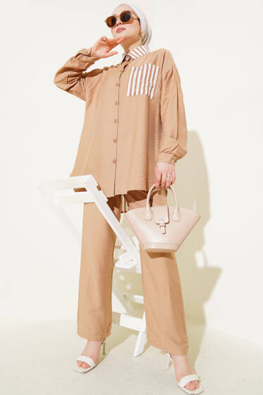 Çizgi Detaylı Cepli Gömlek İkili Takım Latte - İkili Takım