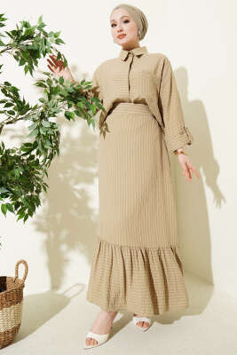 Çizgi Detaylı Etekli İkili Takım Bej - NESSİA