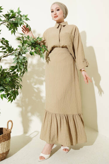 Çizgi Detaylı Etekli İkili Takım Bej - İkili Takım