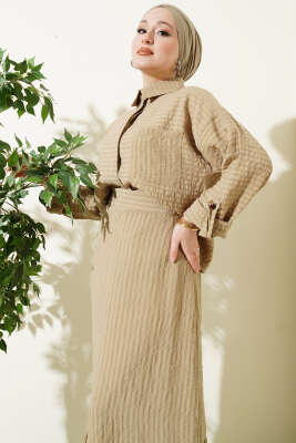 Çizgi Detaylı Etekli İkili Takım Bej - İkili Takım