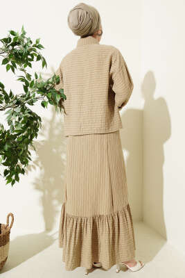 Çizgi Detaylı Etekli İkili Takım Bej - İkili Takım