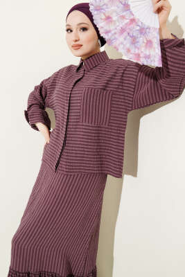 Çizgi Detaylı Etekli İkili Takım Gül Kurusu - NESSİA