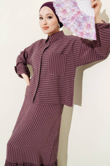 Çizgi Detaylı Etekli İkili Takım Gül Kurusu - İkili Takım