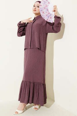 Çizgi Detaylı Etekli İkili Takım Gül Kurusu - İkili Takım