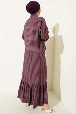 Çizgi Detaylı Etekli İkili Takım Gül Kurusu - İkili Takım