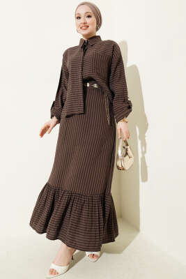 Çizgi Detaylı Etekli İkili Takım Kahve - NESSİA