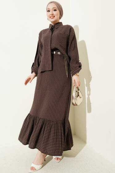 Çizgi Detaylı Etekli İkili Takım Kahve - İkili Takım