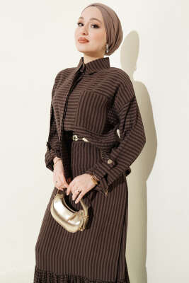 Çizgi Detaylı Etekli İkili Takım Kahve - İkili Takım