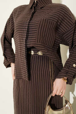 Çizgi Detaylı Etekli İkili Takım Kahve - İkili Takım