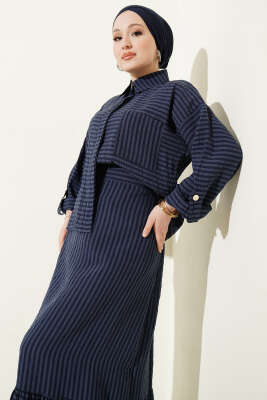 Çizgi Detaylı Etekli İkili Takım Lacivert - İkili Takım