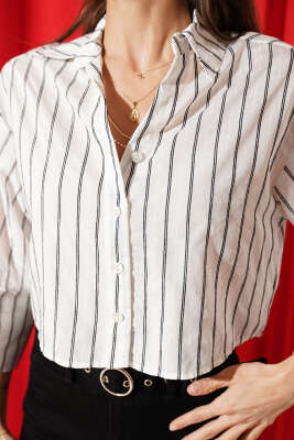 Çizgi Detaylı Kısa Gömlek Beyaz - Kadın Giyim Modelleri