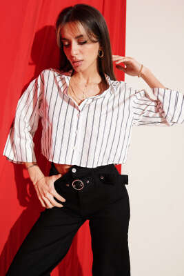 Çizgi Detaylı Kısa Gömlek Beyaz - BIGDART