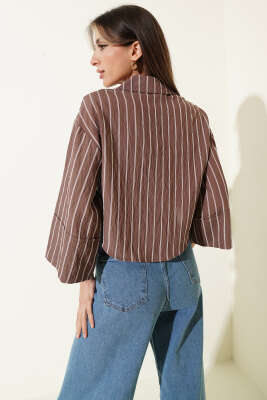 Çizgi Detaylı Kısa Gömlek Kahve - Kadın Giyim Modelleri