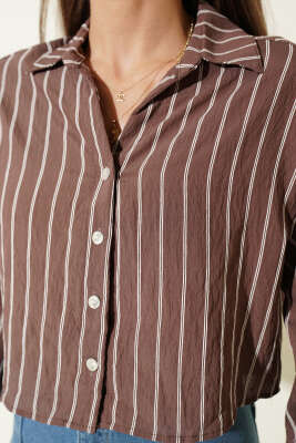 Çizgi Detaylı Kısa Gömlek Kahve - Kadın Giyim Modelleri