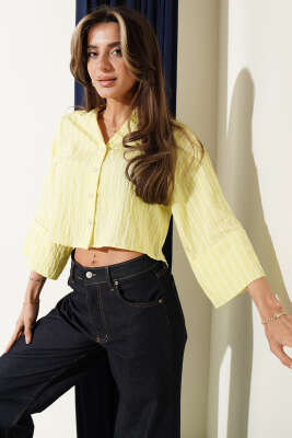Çizgi Detaylı Kısa Gömlek Sarı - Kadın Giyim Modelleri