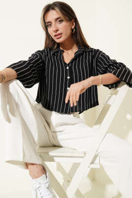 Çizgi Detaylı Kısa Gömlek Siyah 