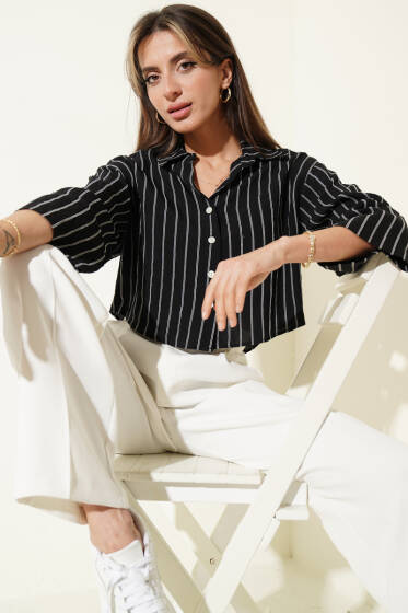 Çizgi Detaylı Kısa Gömlek Siyah - Kadın Giyim Modelleri