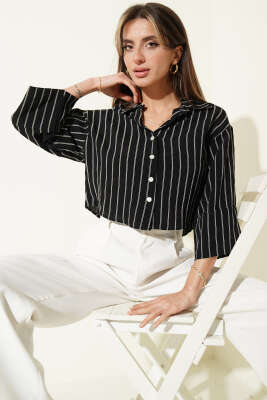 Çizgi Detaylı Kısa Gömlek Siyah - Kadın Giyim Modelleri