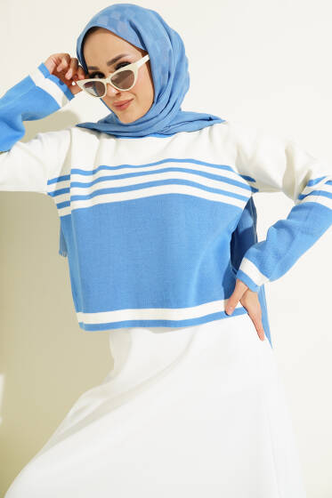 Çizgi Detaylı Kısa Triko Kazak İndigo - Triko Kazak