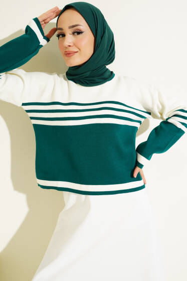 Çizgi Detaylı Kısa Triko Kazak Zümrüt - Triko Kazak