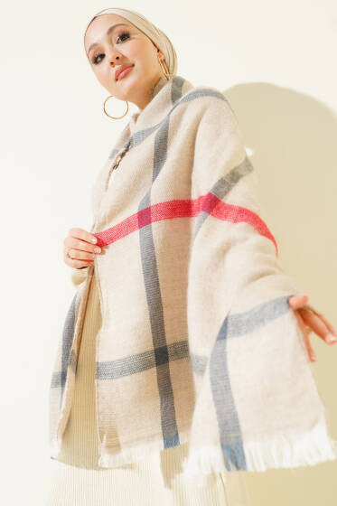 Çizgi Detaylı Omuz Şalı Bej - Omuz Şalı