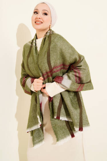 Çizgi Detaylı Omuz Şalı Haki - Omuz Şalı