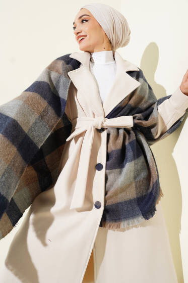 Çizgi Detaylı Omuz Şalı Lacivert - Omuz Şalı