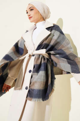 Çizgi Detaylı Omuz Şalı Lacivert - Omuz Şalı