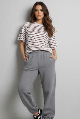 Çizgi detaylı Oversize T-shirt Bordo - Kadın Giyim Modelleri