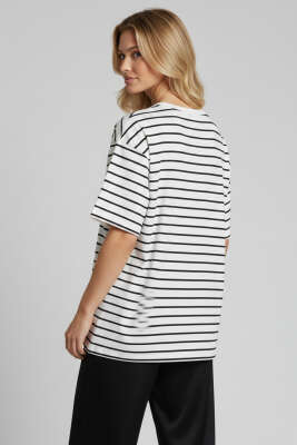 Çizgi detaylı Oversize T-shirt Ekru - Kadın Giyim Modelleri