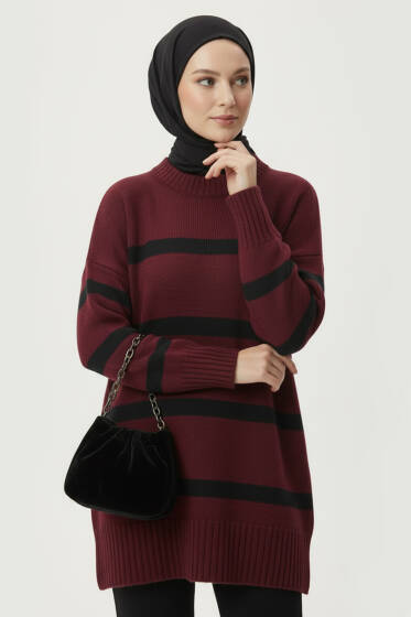 Çizgi Detaylı Şardonlu Kazak Bordo - Triko Kazak