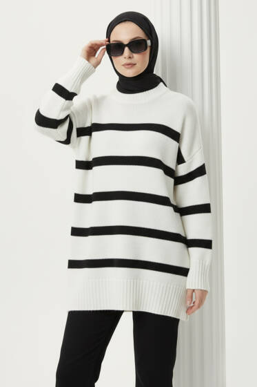 Çizgi Detaylı Şardonlu Kazak Ekru - Triko Kazak