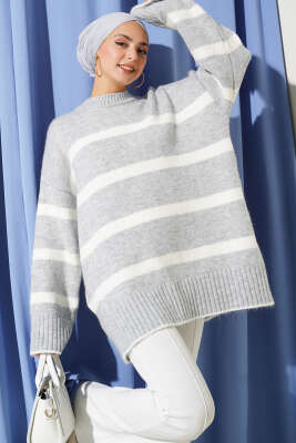 Çizgi Detaylı Şardonlu Kazak Gri - Triko Kazak