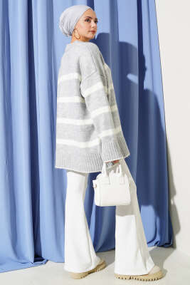 Çizgi Detaylı Şardonlu Kazak Gri - Triko Kazak