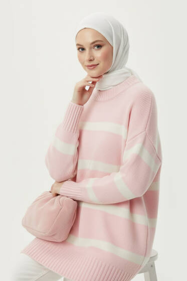 Çizgi Detaylı Şardonlu Kazak Pembe - Triko Kazak