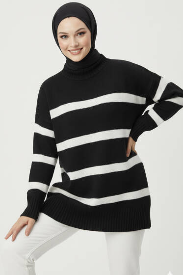 Çizgi Detaylı Şardonlu Kazak Siyah - Triko Kazak