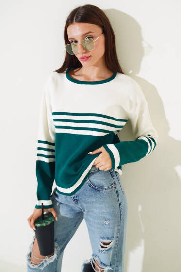 Çizgi Detaylı Triko Kazak Zümrüt - Triko