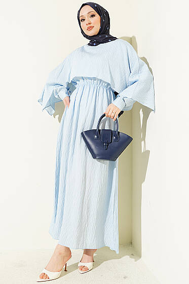 Çizgi Dikişli Bel Lastikli Pelerinli Elbise Bebe Mavi - Elbise