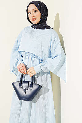 Çizgi Dikişli Bel Lastikli Pelerinli Elbise Bebe Mavi - Elbise