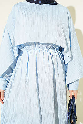 Çizgi Dikişli Bel Lastikli Pelerinli Elbise Bebe Mavi - Elbise