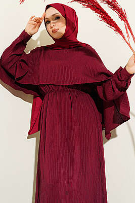 Çizgi Dikişli Bel Lastikli Pelerinli Elbise Bordo - NEVA MODA