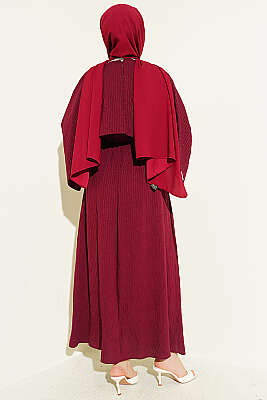 Çizgi Dikişli Bel Lastikli Pelerinli Elbise Bordo - Elbise