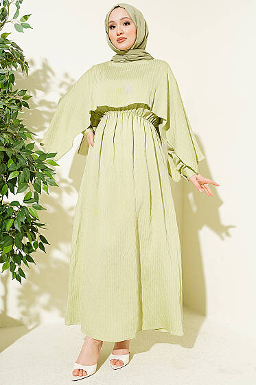 Çizgi Dikişli Bel Lastikli Pelerinli Elbise Çağla Yeşili - Elbise