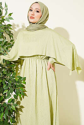 Çizgi Dikişli Bel Lastikli Pelerinli Elbise Çağla Yeşili - Elbise