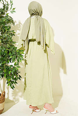 Çizgi Dikişli Bel Lastikli Pelerinli Elbise Çağla Yeşili - Elbise